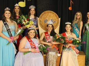 The contestants for the 2016 Miss Chimo pageant were: Miss Chilly Bear Shelby Lalonde (left to right) Miss Creativity and Miss Photogenic Mackenzie Cyr, Miss Rock Star and Miss Congeniality Adele Thomas, (seated) 2nd Lady in Waiting Janika Numainville, Miss Public Speaker and Miss Chimo Hayley Lessard, and 1st Lady in Waiting Kelsey Barrett, Gabrielle Thomas and Jessica Dubeault.