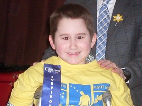 Sault Star File Photo
Taten Hammerberg seen here when he was named the 2014 Relay For Life Honourary Survior during a ceremony at Grandview School in in 2014 has died. His story was recently in the media because hockey teams from around the city and beyond rallied to his support. Story to come.