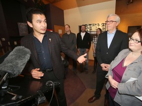 Wab Kinew, Premier Greg Selinger, and MLA Jennifer Howard announce Kinew's candidacy to replace Howard, Tuesday, Feb. 2.