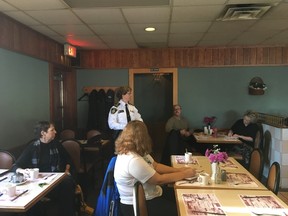 Strathroy-Caradoc police Chief Laurie Hayman speaking to a group of local residents who attended the coffee meeting organized by the police on Monday, Feb. 1, 2016, to talk about an increase in stolen vehicles.