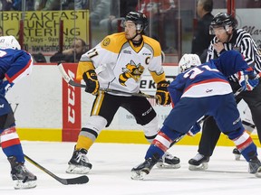 Sting captain Sam Studnicka (27) prepares for the faceoff during the team’s recent game against the visiting Windsor Spitfires. The Sting play the visiting Kitchener Rangers Wednesday evening at the SSEC. (Submitted photo)