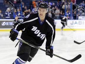In this Dec. 12, 2015, file photo, Tampa Bay Lightning left wing Jonathan Drouin (27) is shown before an NHL hockey game against the Washington Capitals, in Tampa, Fla. In the days and weeks leading up to the 2013 NHL draft, there was no consensus on what order the top four picks would go in. The Colorado Avalanche and Florida Panthers were questioned for taking Nathan MacKinnon and Aleksander Barkov over Seth Jones, and the Tampa Bay Lightning were applauded for selecting Jonathan Drouin third. (AP Photo/Chris O'Meara, File)