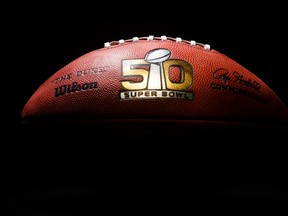 An official game ball for the Super Bowl 50 game between the Denver Broncos and the Carolina Panthers Feb. 7, in Santa Clara, Calif. (AP Photo/Rick Osentoski)