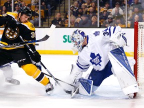 Maple Leafs goalie James Reimer, playing in his 200th NHL game on Feb. 2, 2016, makes a save against the Boston Bruins. (WINSLOW TOWNSON/USA Today Sports)
