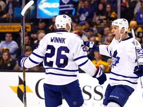 Shawn Matthias (right) congratulates Daniel Winnik after the forward scored in the second period against the Bruins in Boston on Tuesday night. (USA Today Sports)