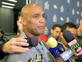 Carolina Panthers radio broadcaster Eugene Robinson addresses the media at news conference prior to Super Bowl 50. (USA TODAY Sports)