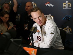 Denver Broncos quarterback Peyton Manning speaks to reporters in Santa Clara, Calif., Tuesday, Feb. 2, 2016. (AP Photo/Jeff Chiu)