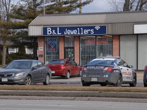 B&L Jewellers in St. Thomas was the scene of a robbery Monday afternoon in St. Thomas. No confirmation from police on reported injuries.
(Ian McCallum, Times-Journal)