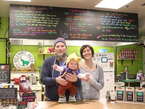 Ryan Somers and Jen Reaburn opened Elephant Juice at the YMCA in Goderich only a few weeks ago. The juice bar offers a healthy option for people on the go including smoothies and healthy “Elephant bowls”. They are pictured here with their daughter, River. (Laura Broadley/Goderich Signal Star)
