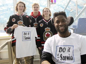 Dan Edwards is officially kicking off his $150,000 Do It For Sarnia fundraising campaign for Bluewater Health's mental health department at Saturday's Legionnaires home game. Pictured at the Sarnia Arena with Edwards' are Legionnaires players Brock Perry, left, Aidan Hughes, and Sam McCormack. (Tyler Kula, The Observer)