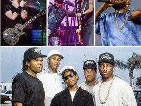 Clockwise from top: Nickelback, Guns N’ Roses, Kanye West and N.W.A. (Reuters/Postmedia file photos)
