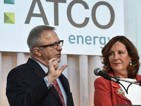 EDMONTON, ALTA: FEBRUARY 3, 2016 -- Steven Landry, Senior VP and Nancy Southern, Chair, President & CEO of ATCO Ltd. announcing the launch of the newest addition to the ATCO Group of Companies, ATCOenergy (yes this is how it's spelled) an electricity and natural gas retail company, in Edmonton, February 3, 2016. (ED KAISER/POSTMEDIA NETWORK)