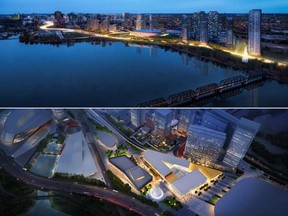 Two competing proposals were presented to the public on Tuesday, January 26, 2016 for redevelopment at Lebreton Flats include Rendezvous Lebreton Group, top, and Devcore proposal for Lebreton reimagined, bottom.