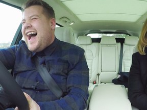 James Corden, left, and Adele sing during a ‘Carpool Karaoke’ segment on The Late, Late Show with James Corden.