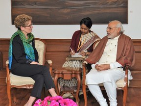 Premier Kathleen Wynne, on a trade mission to India, meets with Indian Prime Minister Narendra Modi in New Delhi. (Handout)