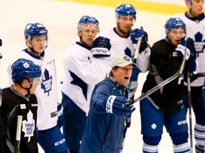 Toronto Maple Leafs head coach Mike Babcock shouts instructions during practice at the MasterCard Centre on Wednesday, February 3, 2016. (Veronica Henri/Toronto Sun/Postmedia Network)