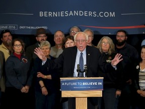 U.S. Democratic presidential candidate Bernie Sanders speaks at a news conference where he spoke about his opposition to the Trans-Pacific Partnership in Concord, New Hampshire, February 3, 2016. REUTERS/Mike Segar