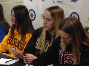 Adrianna Karpa (right) signs her letter of intent on Wednesday.