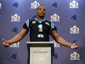 Carolina Panthers quarterback Cam Newton answers questions during a press conference Wednesday, Feb. 3, 2016 in San Jose, Calif. (AP Photo/Marcio Jose Sanchez)