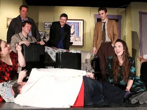 The cast of Theatre Cambrian's dinner theatre Funny Money rehearse a scene in Sudbury, Ont. on Wednesday February 3, 2016. From left are Angel Mannisto, Steve Maguire, Raymond Landry, Jamie Solomon, Scotty Cummings,  Kandis Mantysaari, Marc Lariviere and Marc Huneault. The play runs from February 5-13. Gino Donato/Sudbury Star/Postmedia Network