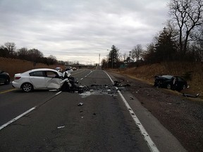 Two people were injured in a head-on crash on  the Highway 3 bypass in St. Thomas Thursday morning. (OPP photo)