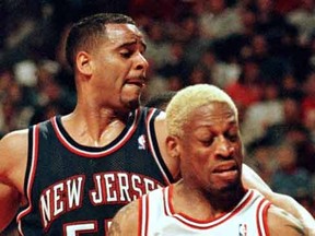New Jersey Nets' Jayson Williams strips the ball from Chicago Bulls' Dennis Rodman (91) during first quarter action of game two of the NBA Eastern Conference quarterfinals April 26 at the United Center.