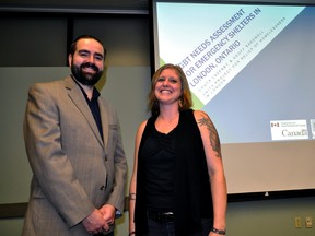 Geoff Bardwell, a project co-ordinator, policy and training consultant for Unity Project (left), and Chuck Lazenby, executive director of Unity Project, in London Ont. February 3 prior to presenting the results of a new LGBT-specific needs assessment for local emergency shelters. CHRIS MONTANINI\LONDONER\POSTMEDIA NETWORK