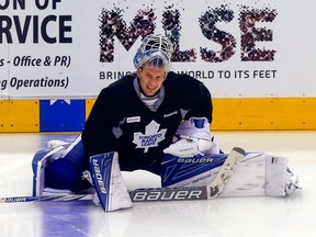 Toronto Maple Leafs goalie James Reimer during a game-day skate at the Air Canada Centre in Toronto on Feb. 4, 2016. (Dave Thomas/Toronto Sun/Postmedia Network)