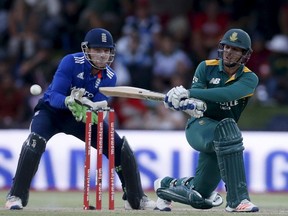South Africa’s Quinton de Kock plays a shot during the first ODI match against England in Bloemfontein, South Africa. (Reuters)