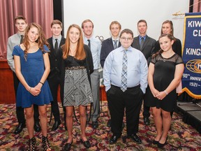 Finalists for the Kingston Kiwanis amateur athlete of the year gather at the Ambassador Hotel and Conference Centre on Thursday night. Front row, from left: Branna MacDougall, Brogan MacDougall, Jonathan Vecchio and Natalie Vecchio. Back row, from left: Matt Brash, Cole Horsman, Rob Asselstine, Cameron Linscott, Ron Leyenhorst and Lacey Knox. (Julia McKay/The Whig-Standard)