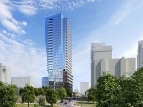 Rendering of a proposed highrise on the northwest corner of King and Ridout streets will become focus of an Ontario Municipal Board ruling after four Londoners filed objections to a city rezoning.