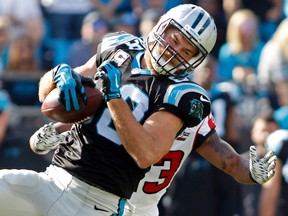 Panthers tight end Greg Olsen (88) could face coverage from Broncos safety T.J. Ward during the Super Bowl on Sunday. (Bob Leverone/AP Photo/Files)