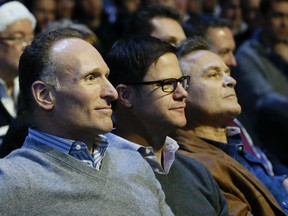 Blue Jays president Mark Shapiro (left) and manager John Gibbons (right) flank GM Ross Atkins during the team's season-ticket holder event at Rogers Centre Thursday. (Stan Behal/Toronto Sun)