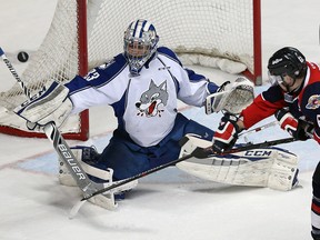 Windsor Spitfires' Luke Boka tries to tip the puck past the Sudbury Wolves goaltender Troy Timpano at the WFCU Centre in Windsor on Thursday, February 4, 2016.