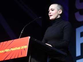 Rose McGowan addresses the audience during the 2016 Sundance Film Festival Awards Ceremony on Saturday, Jan. 30, 2016 in Park City, Utah. (Photo by Chris Pizzello/Invision/AP)
