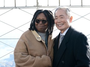 Whoopi Goldberg and George Takei, seen here attending a lighting ceremony in New York City on November 30, 2015, will be taking part in a theatre experiment where actors only get to read the scripts just before going on stage. Slaven Vlasic/Getty Images/AFP