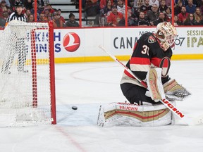 Senators goalie Andrew Hammond can't stop this Edmonton Oilers shot on Feb. 4. (NHL via Getty Images)