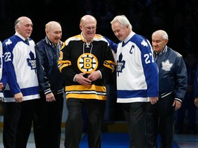 From left, ex-Maple Leafs’ Tiger Williams, Red Kelly, former Bruins goalie Dave Reece help Darryl Sittler celebrate the  40th anniversary of his 10-point game at the Air Canada Centre last night. (Jack Boland/Toronto Sun)