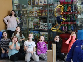 Students from Ecole Felix-Ricard take part in an egg launch challenge during a sneak peak of the Imaginate exhibit at Science North in Sudbury, Ont. on Thursday February 4, 2016. The new exhibition is open to visitors on Feb. 6. John Lappa/Sudbury Star/Postmedia Network