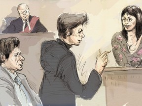 In this courtroom sketch, witness Lucy DeCoutere, right, is cross-examined by defence lawyer Marie Henein, centre, as Jian Ghomeshi, bottom left, and Justice William Horkins listen in court in Toronto on Friday, Feb. 5, 2016. THE CANADIAN PRESS/Alexandra Newbould