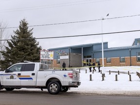 An exterior view of La Loche Community School is seen in La Loche, Saskatchewan, Canada, January 29, 2016. Four people were killed and others injured in the school shooting at the town on January 22 and a male suspect is in custody, Canadian police said. REUTERS/Matthew Smith