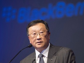 Chief executive John Chen speaks at the BlackBerry Ltd. annual meeting in Waterloo, Ont., on June 23, 2015. (THE CANADIAN PRESS/Frank Gunn)