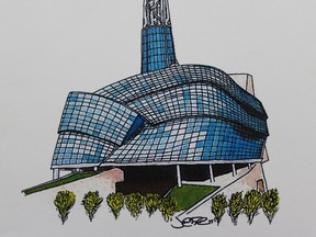 A sketch Trudeau drew of Winnipeg’s human rights museum early last year after visiting the federal building is going up for auction on eBay starting Friday night and continuing until Feb. 15. Entitled Canadian Liberty, it’s the same sketch Trudeau gave postcard prints of to donors last March.