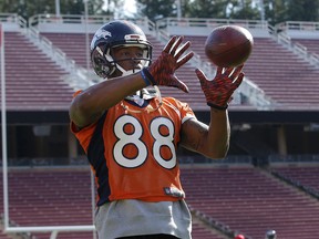 Broncos wide receiver Demaryius Thomas (88) catches a ball during practice in Stanford, Calif., Thursday, Feb. 4, 2016. (Jeff Chiu/AP Photo)