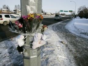 Flowers and stuffed animals at seen attached to a pole at 76 Ave., and 178 St.  in Edmonton on Wednesday February 23, 2011.TOM BRAID/POSTMEDIA