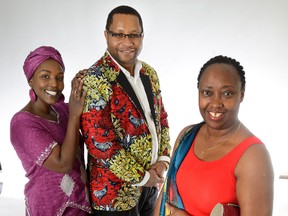 Sonia Muhimpundu, Sendazo Gboma, and  Speciose Mukakamanzi of the Francophone Local Immigration Committee of London invite Londoners to help celebrate their African and Caribbean roots with a fashion show, dance, traditional foods and drum group jam at Ecole elementaire Marie-Curie, Feb. 26. (MORRIS LAMONT, The London Free Press)