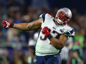 Alan Branch of the New England Patriots celebrates during Super Bowl XLIX at University of Phoenix Stadium on February 1, 2015 in Glendale, Ariz. (Elsa/Getty Images/AFP)