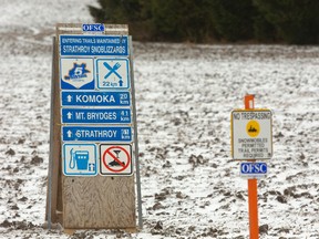 The signs for local snowmobile trails are in place. (Mike Hensen/Postmedia Network)