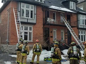 Ottawa Fire Services at the scene of a blaze on Strathcona Avenue in the Glebe Saturday. (SCOTT STILBORN @OFSFIREPHOTO)