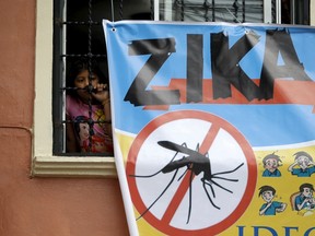 A woman looks on next to a banner as soldiers and municipal health workers clean the streets, gardens and homes in Tegucigalpa, Honduras, to try to prevent the spread of the Zika virus. (REUTERS/Jorge Cabrera)